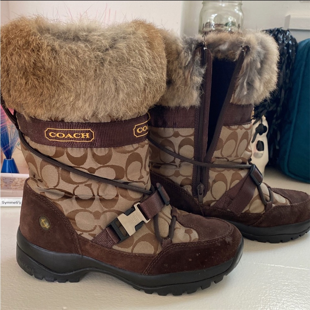 Coach Sahara Signature Canvas and Suede Mid-Calf Boots with Rabbit Fur Trim